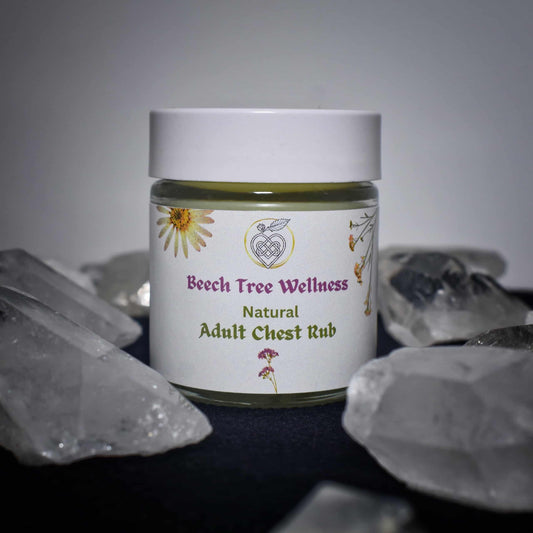 Jar of Beech Tree Wellness Natural Adult Chest Rub with crystals in the background